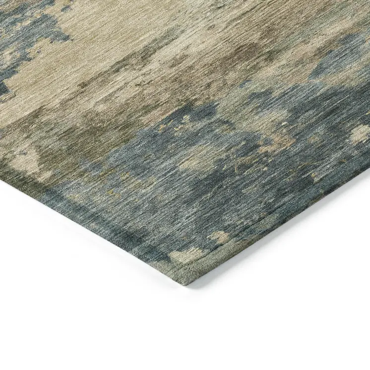 10' X 14' Teal Blue And Beige Abstract Washable Indoor Outdoor Area Rug