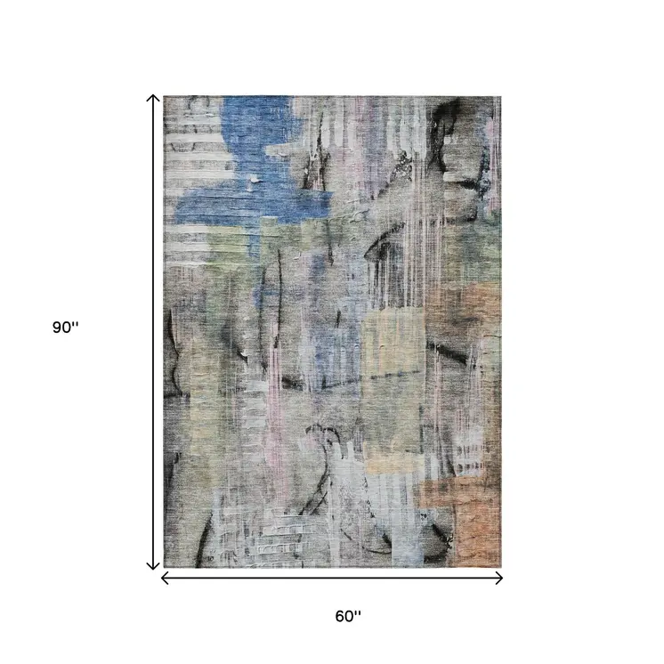 5' X 8' Blue Black And Copper Abstract Washable Indoor Outdoor Area Rug