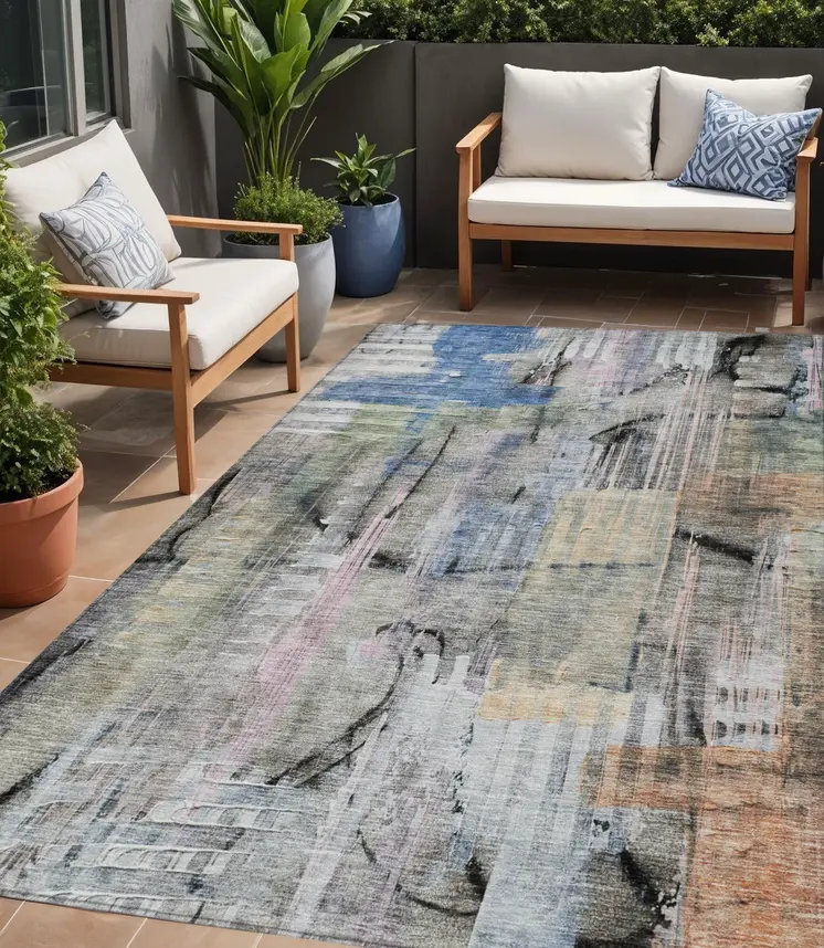 5' X 8' Blue Black And Copper Abstract Washable Indoor Outdoor Area Rug