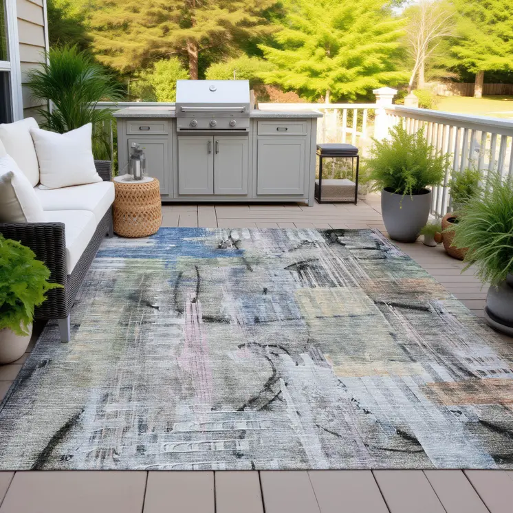 5' X 8' Blue Black And Copper Abstract Washable Indoor Outdoor Area Rug