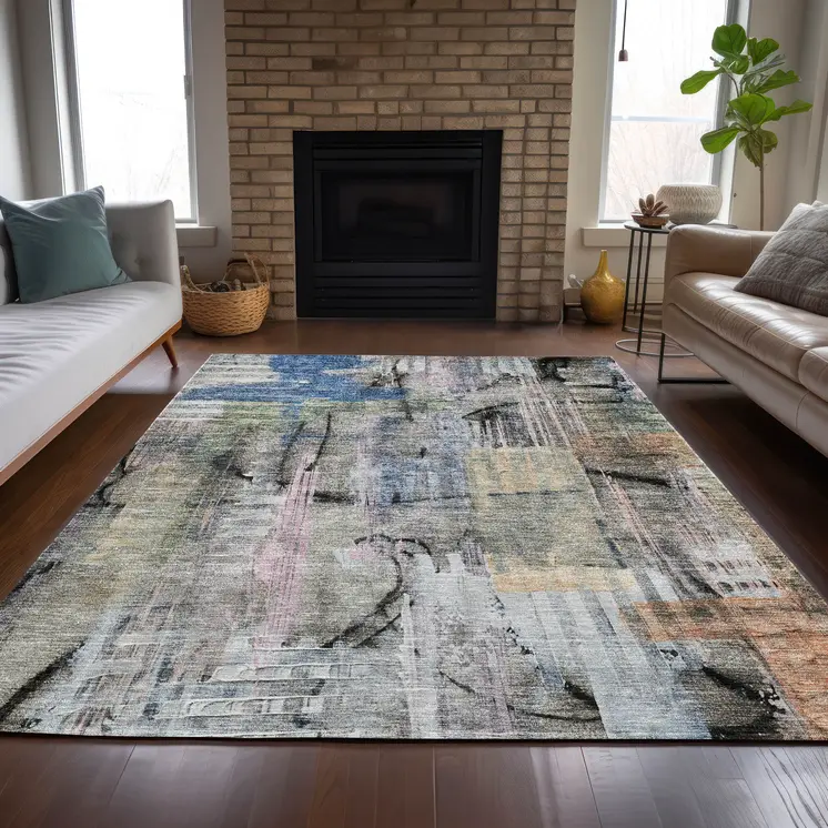 5' X 8' Blue Black And Copper Abstract Washable Indoor Outdoor Area Rug