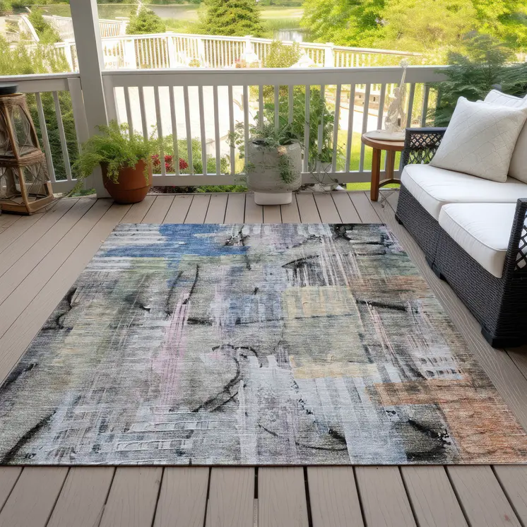 5' X 8' Blue Black And Copper Abstract Washable Indoor Outdoor Area Rug