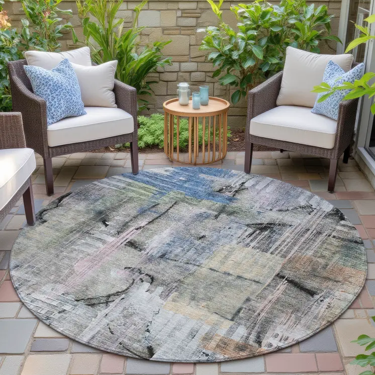8' Blue Black And Copper Round Abstract Washable Indoor Outdoor Area Rug