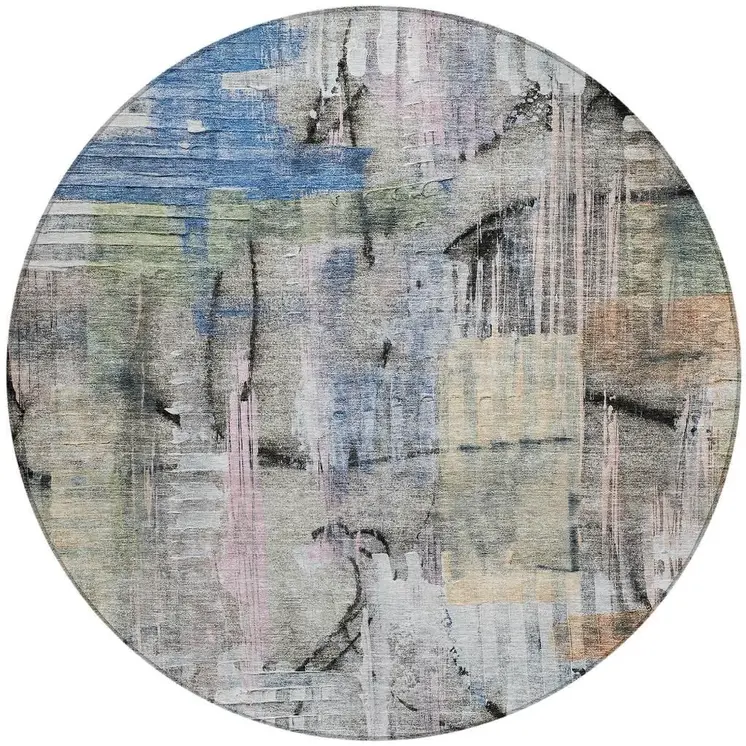 8' Blue Black And Copper Round Abstract Washable Indoor Outdoor Area Rug