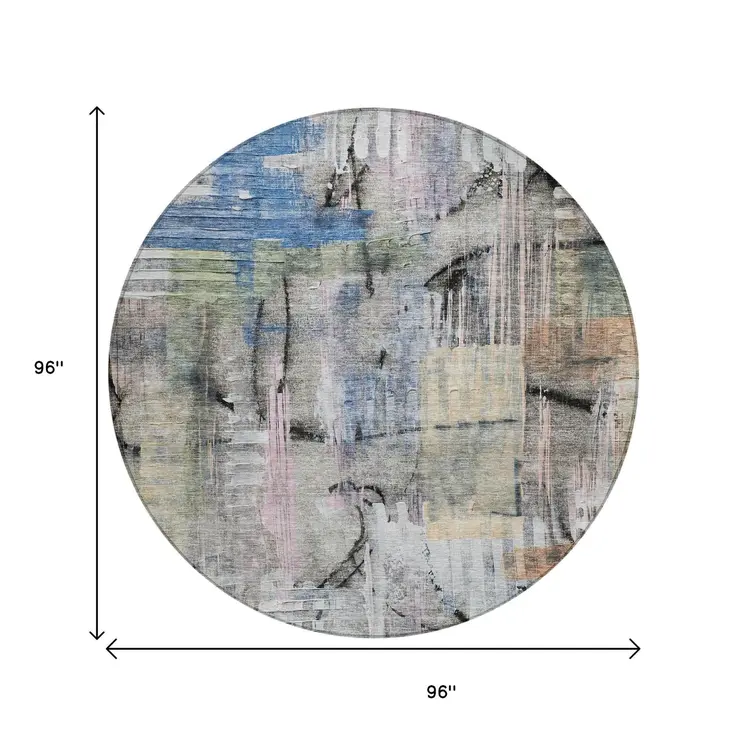 8' Blue Black And Copper Round Abstract Washable Indoor Outdoor Area Rug