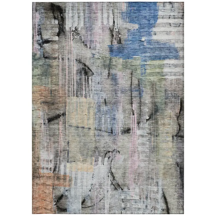 9' X 12' Blue Black And Copper Abstract Washable Indoor Outdoor Area Rug