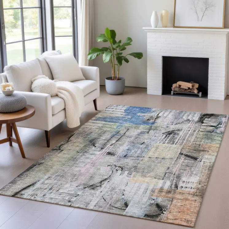 10' X 14' Blue Black And Copper Abstract Washable Indoor Outdoor Area Rug
