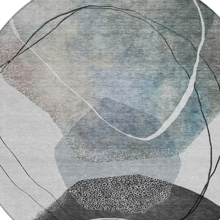 8' Ivory And Gray Round Abstract Washable Indoor Outdoor Area Rug