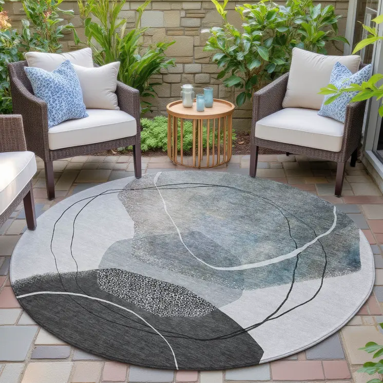 8' Ivory And Gray Round Abstract Washable Indoor Outdoor Area Rug