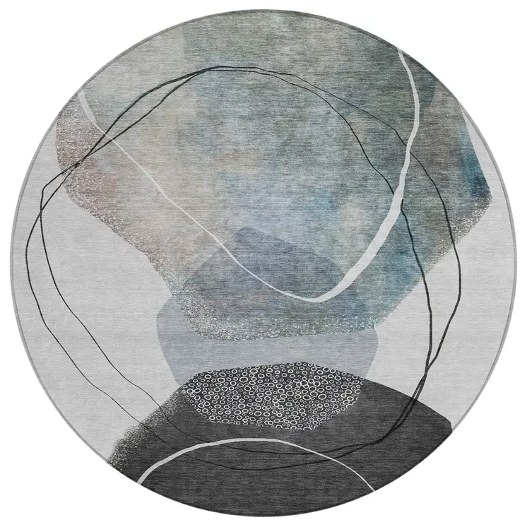 8' Ivory And Gray Round Abstract Washable Indoor Outdoor Area Rug