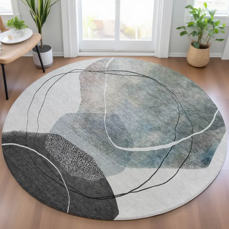 8' Ivory And Gray Round Abstract Washable Indoor Outdoor Area Rug