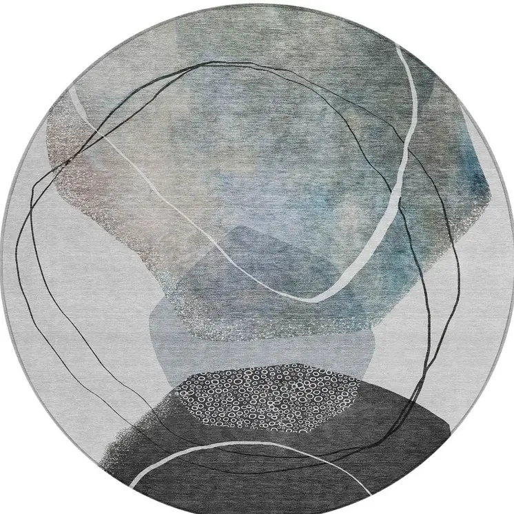 8' Ivory And Gray Round Abstract Washable Indoor Outdoor Area Rug