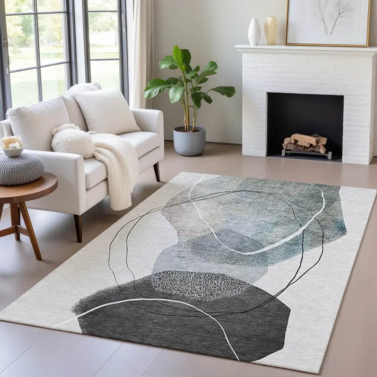 8' X 10' Ivory And Gray Abstract Washable Indoor Outdoor Area Rug