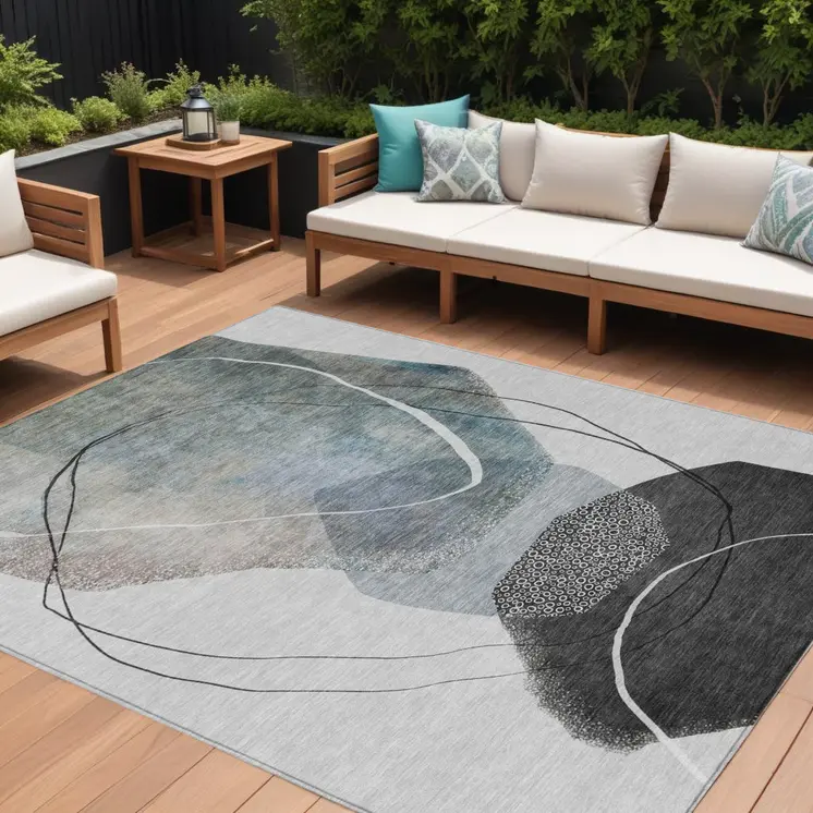 9' X 12' Ivory And Gray Abstract Washable Indoor Outdoor Area Rug