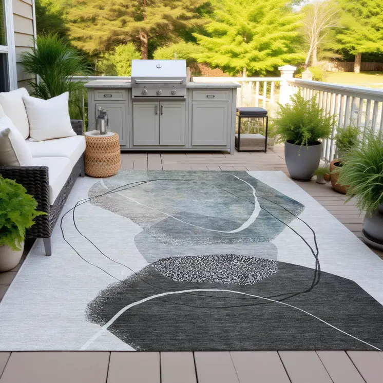 9' X 12' Ivory And Gray Abstract Washable Indoor Outdoor Area Rug