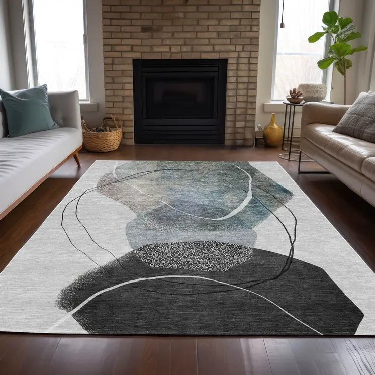 9' X 12' Ivory And Gray Abstract Washable Indoor Outdoor Area Rug