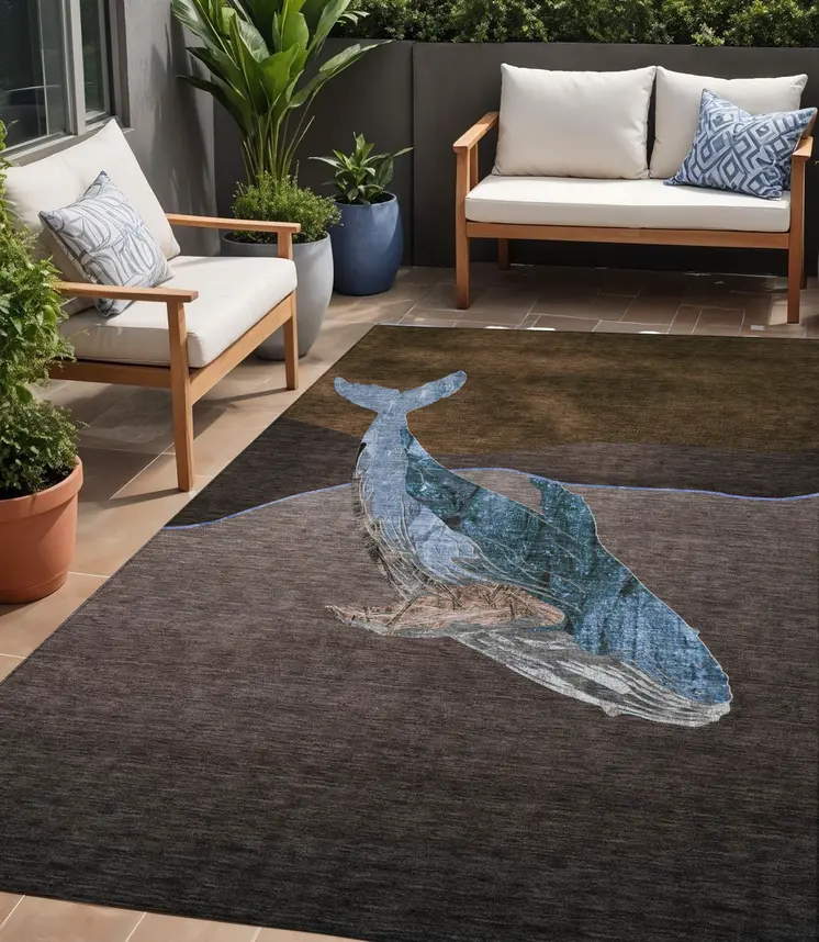 5' X 8' Brown And Denim Blue Animal Print Washable Indoor Outdoor Area Rug