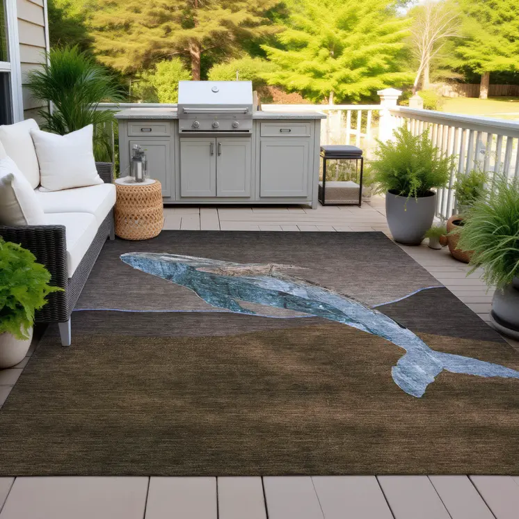 5' X 8' Brown And Denim Blue Animal Print Washable Indoor Outdoor Area Rug