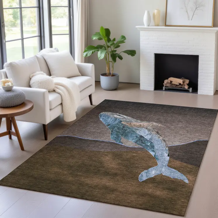 5' X 8' Brown And Denim Blue Animal Print Washable Indoor Outdoor Area Rug