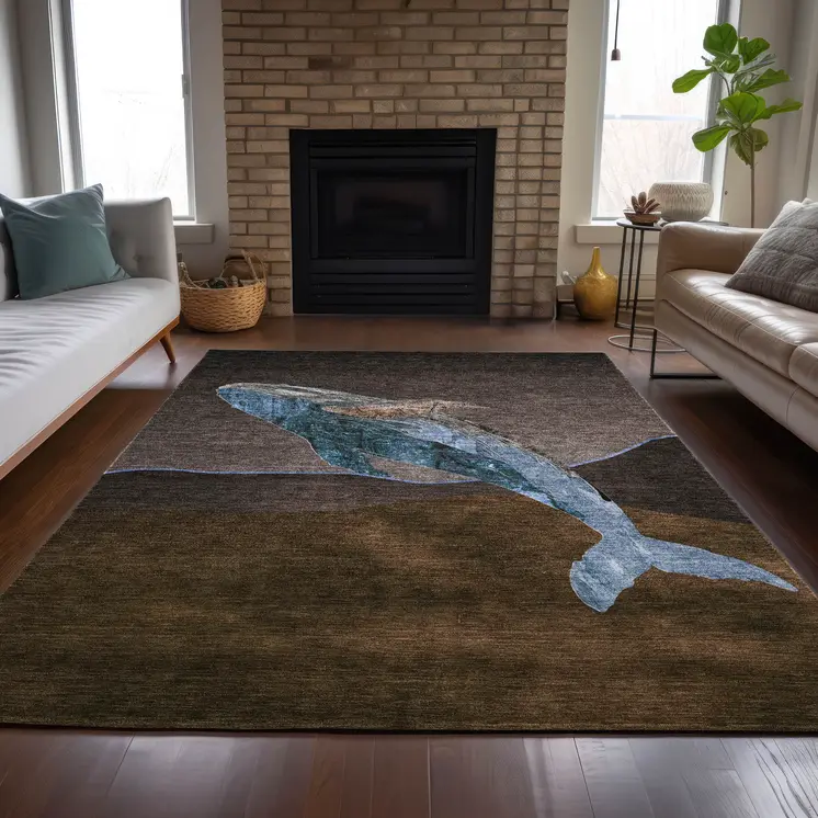 5' X 8' Brown And Denim Blue Animal Print Washable Indoor Outdoor Area Rug
