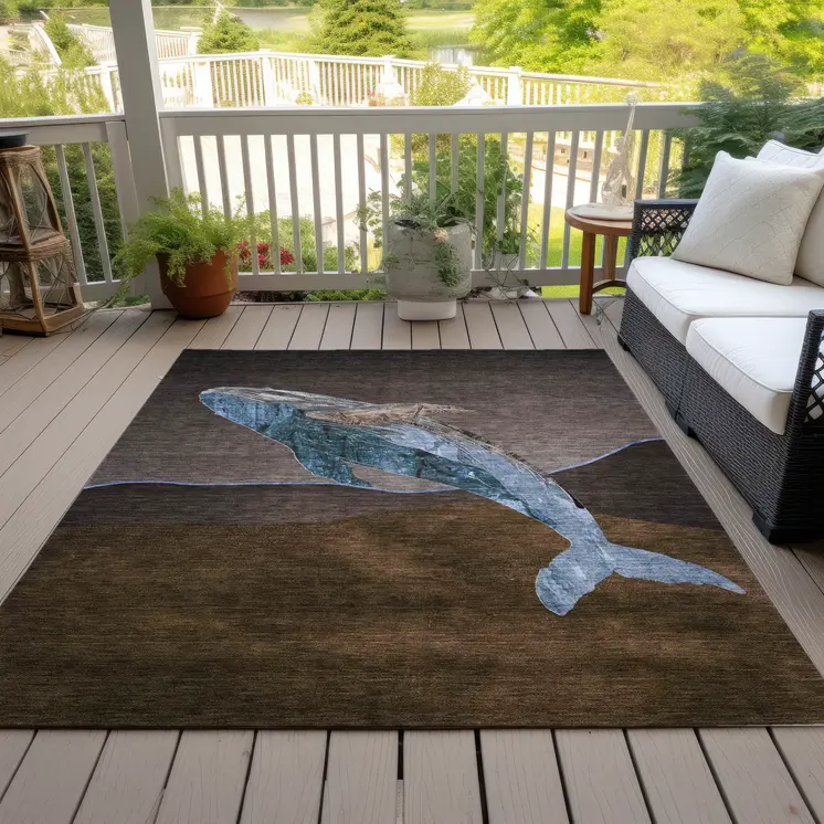 5' X 8' Brown And Denim Blue Animal Print Washable Indoor Outdoor Area Rug