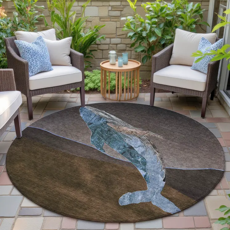 8' Brown And Denim Blue Round Animal Print Washable Indoor Outdoor Area Rug