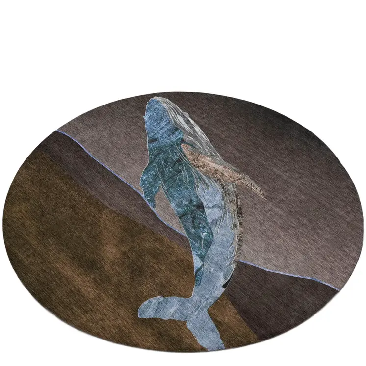 8' Brown And Denim Blue Round Animal Print Washable Indoor Outdoor Area Rug