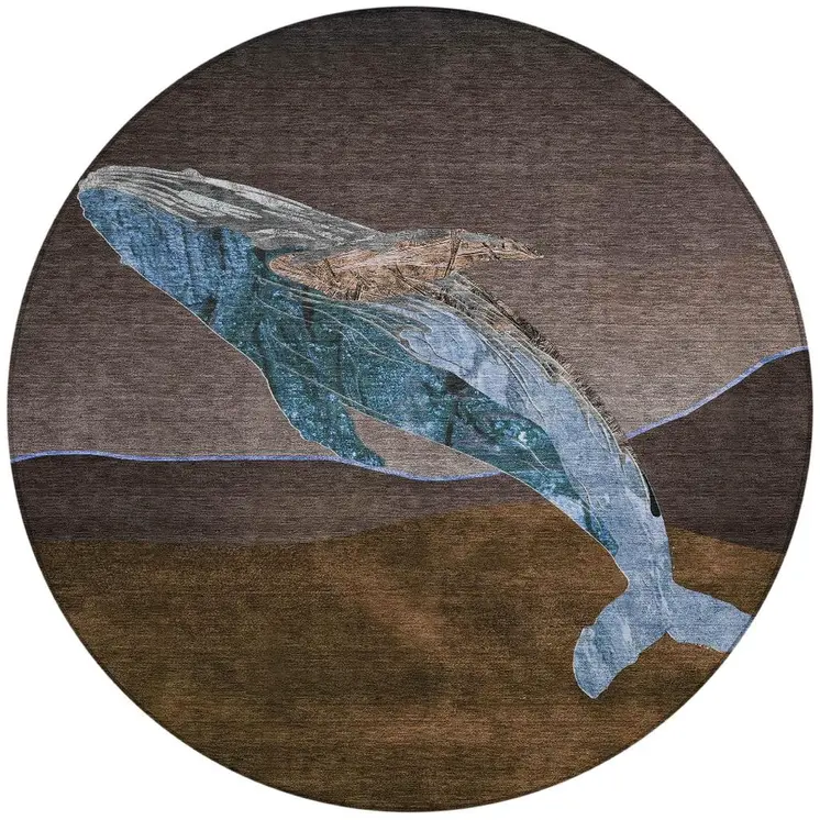 8' Brown And Denim Blue Round Animal Print Washable Indoor Outdoor Area Rug
