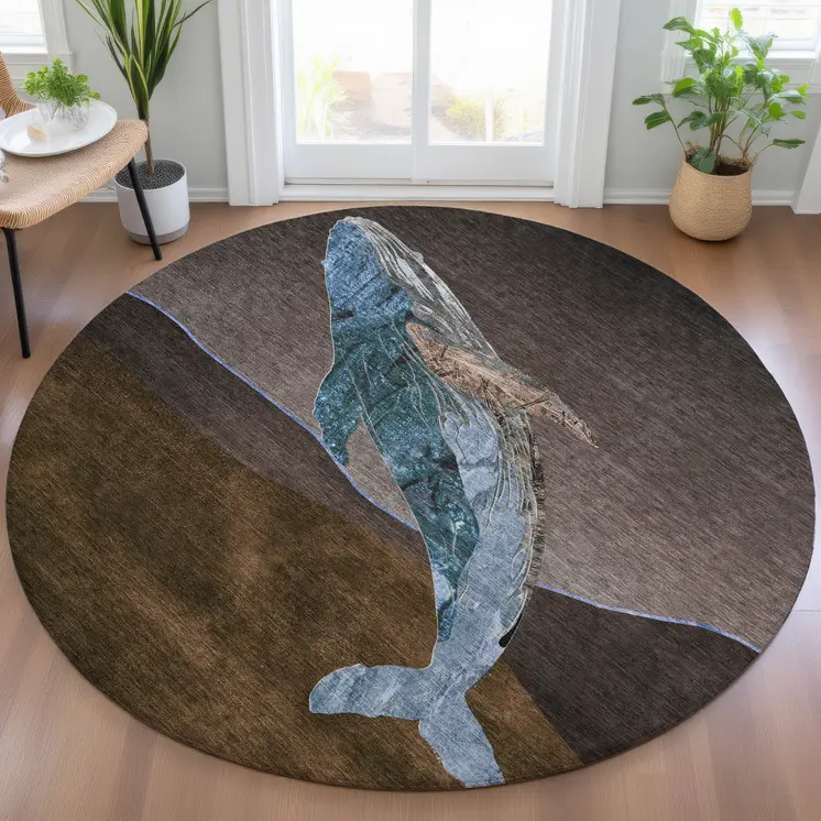 8' Brown And Denim Blue Round Animal Print Washable Indoor Outdoor Area Rug