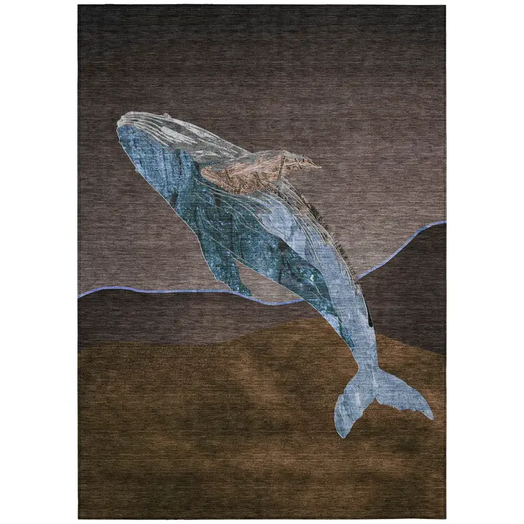8' X 10' Brown And Denim Blue Animal Print Washable Indoor Outdoor Area Rug