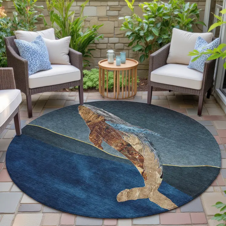 8' Blue And Brown Round Animal Print Washable Indoor Outdoor Area Rug