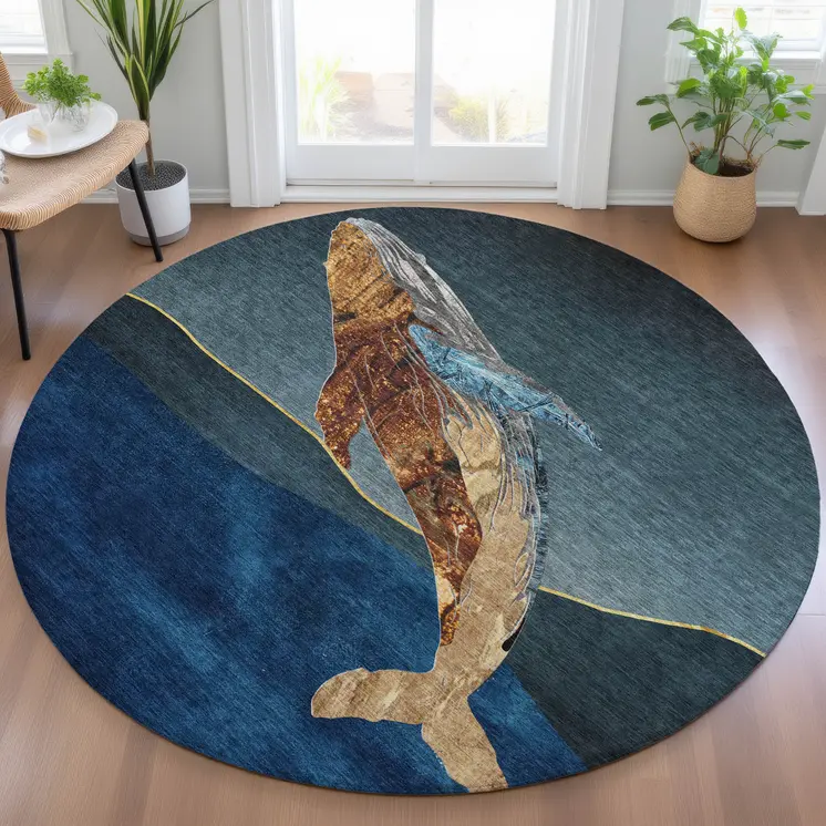 8' Blue And Brown Round Animal Print Washable Indoor Outdoor Area Rug