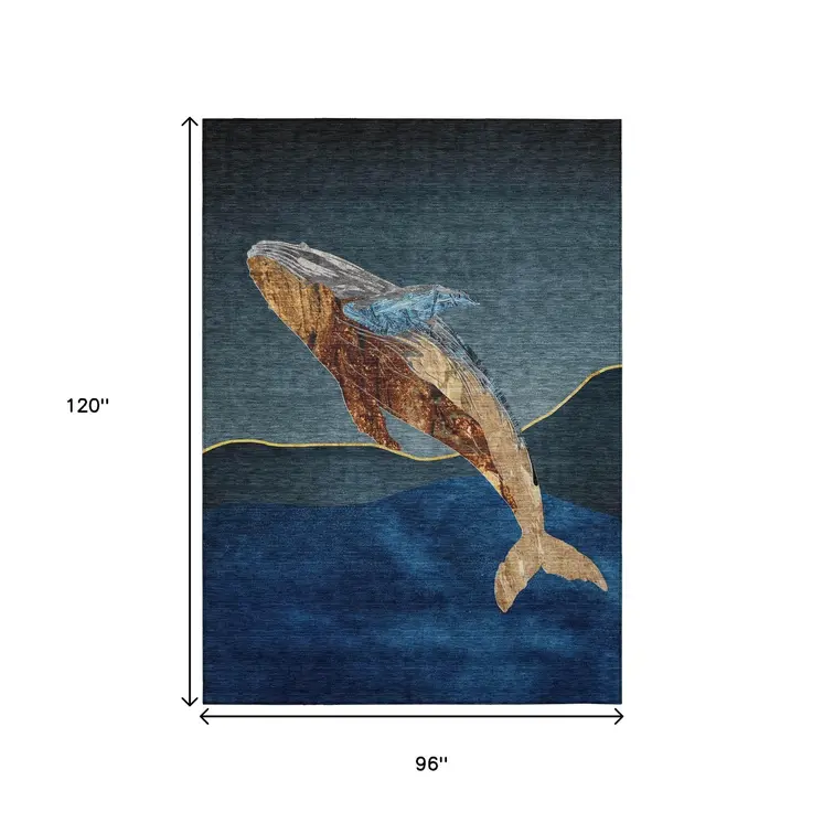 8' X 10' Blue And Brown Animal Print Washable Indoor Outdoor Area Rug
