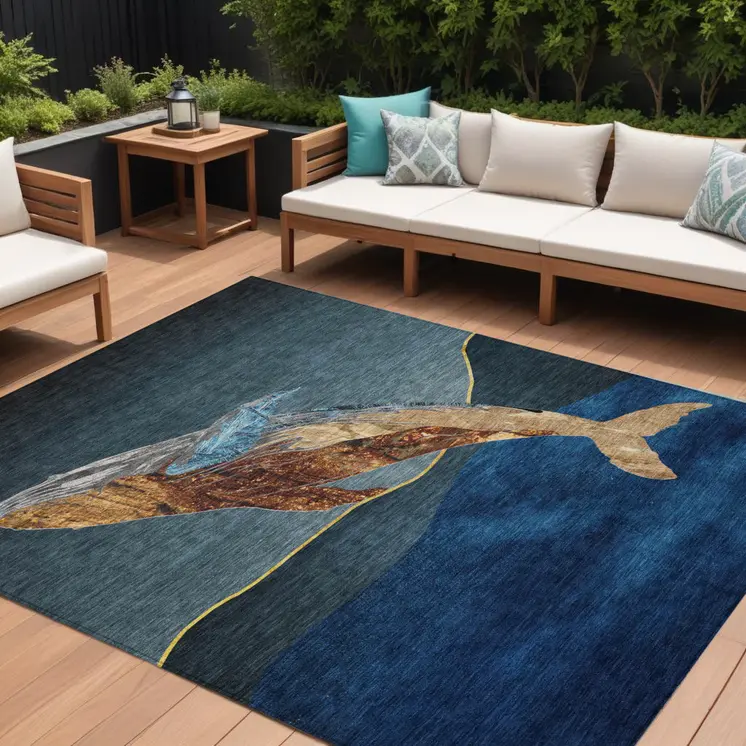 9' X 12' Blue And Brown Animal Print Washable Indoor Outdoor Area Rug