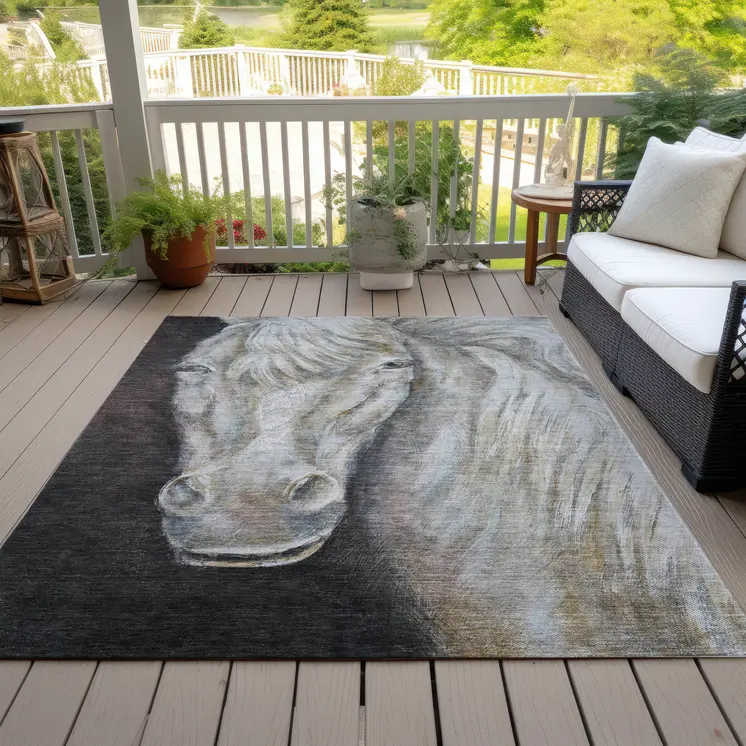 5' X 8' Ivory And Charcoal Animal Print Washable Indoor Outdoor Area Rug