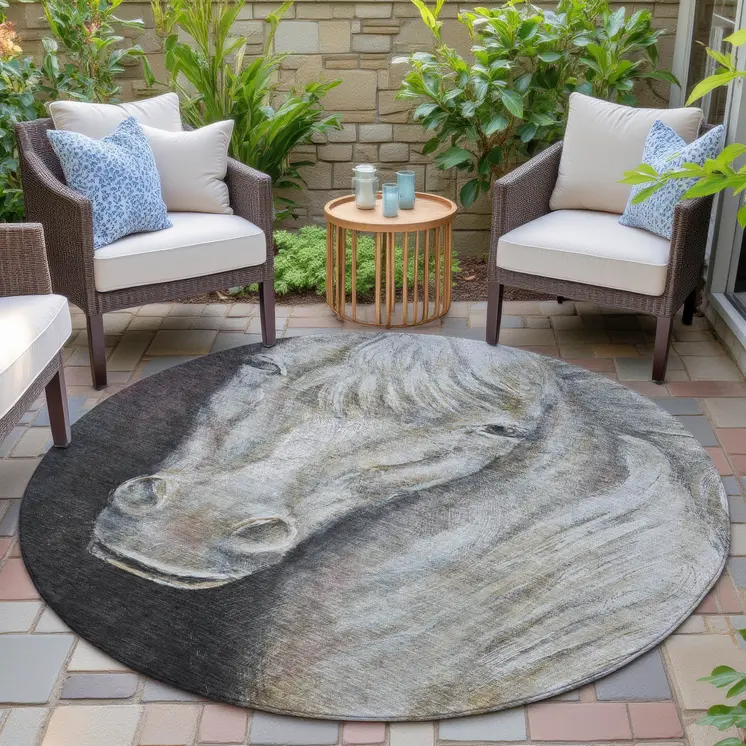8' Ivory And Charcoal Round Animal Print Washable Indoor Outdoor Area Rug