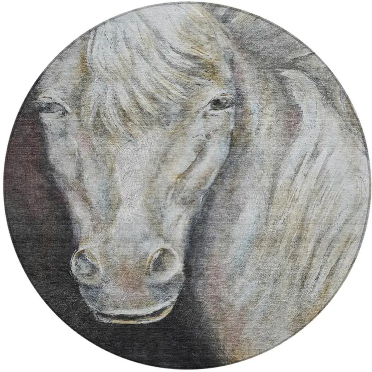 8' Ivory And Charcoal Round Animal Print Washable Indoor Outdoor Area Rug