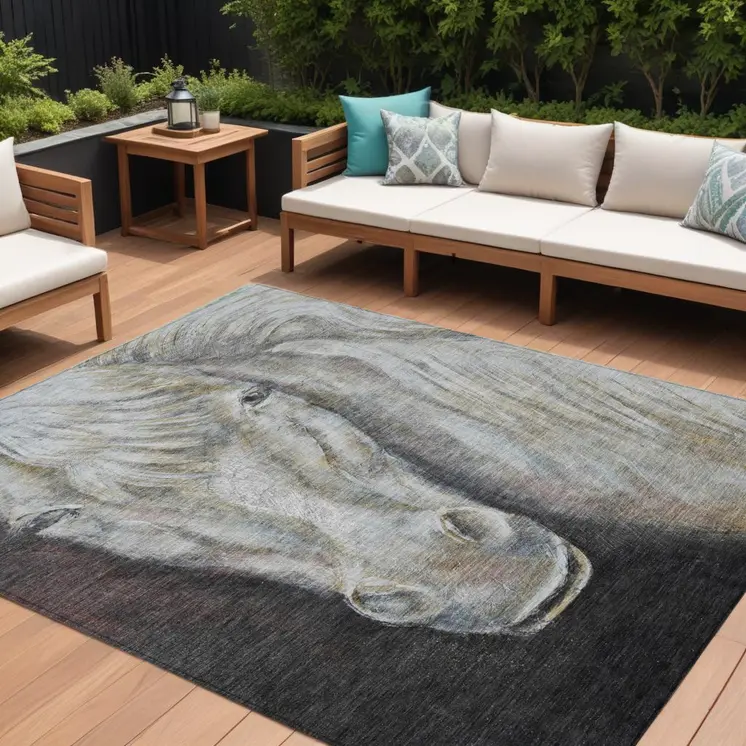 9' X 12' Ivory And Charcoal Animal Print Washable Indoor Outdoor Area Rug