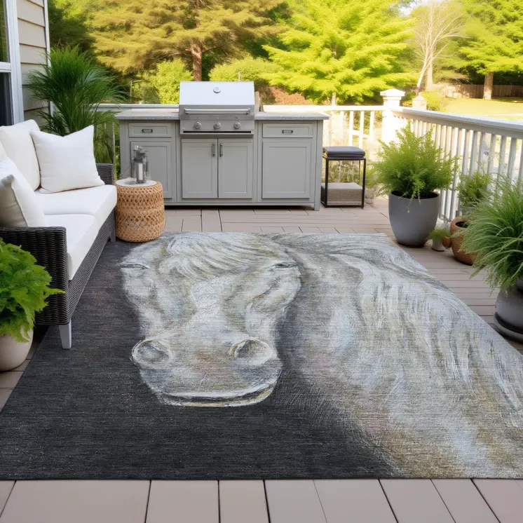 10' X 14' Ivory And Charcoal Animal Print Washable Indoor Outdoor Area Rug