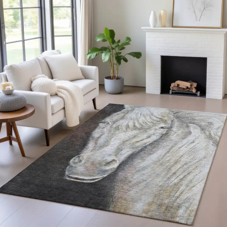 10' X 14' Ivory And Charcoal Animal Print Washable Indoor Outdoor Area Rug