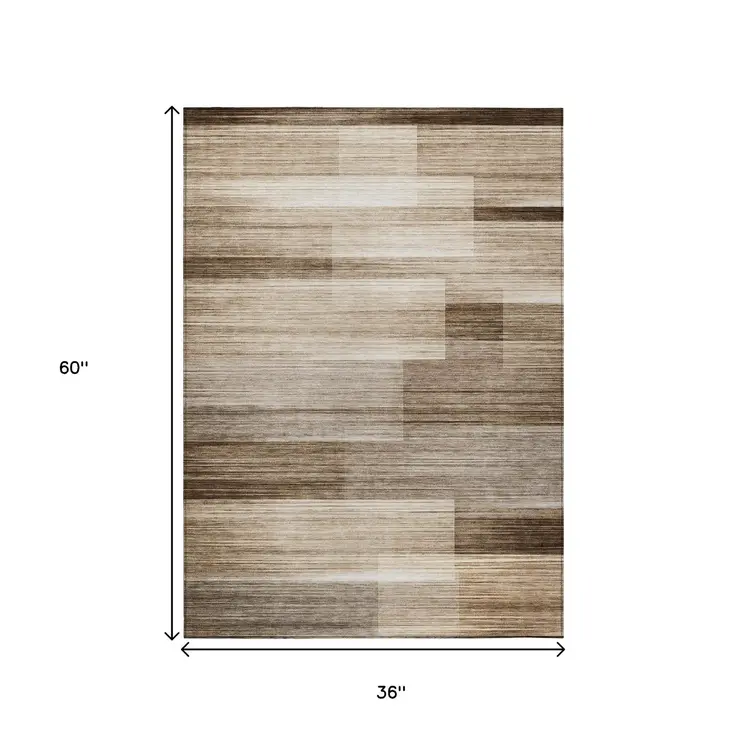 3' X 5' Brown And Ivory Striped Washable Indoor Outdoor Area Rug