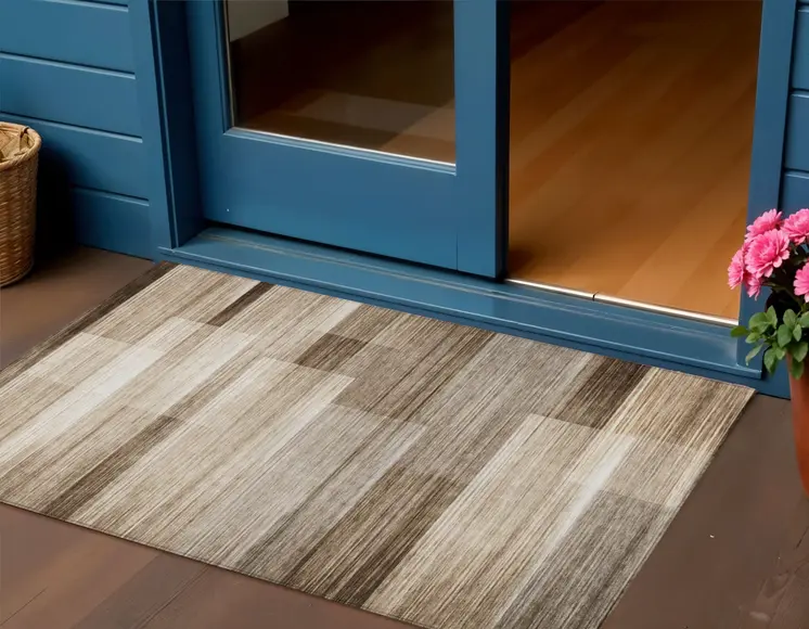 3' X 5' Brown And Ivory Striped Washable Indoor Outdoor Area Rug