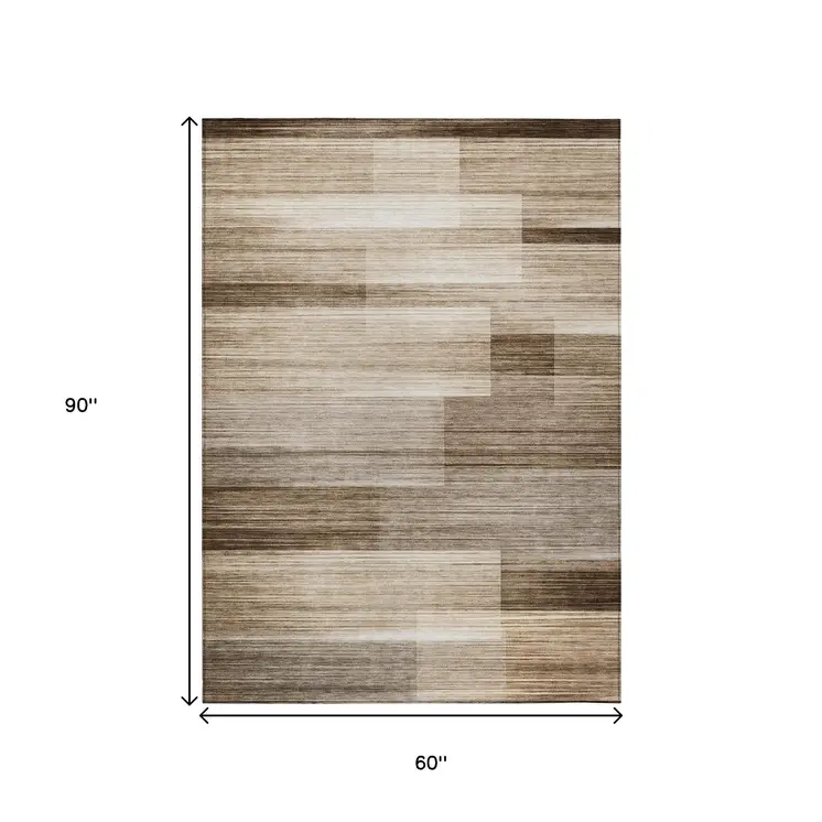 5' X 8' Brown And Ivory Striped Washable Indoor Outdoor Area Rug