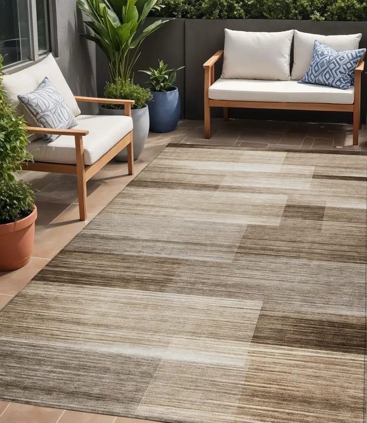 5' X 8' Brown And Ivory Striped Washable Indoor Outdoor Area Rug