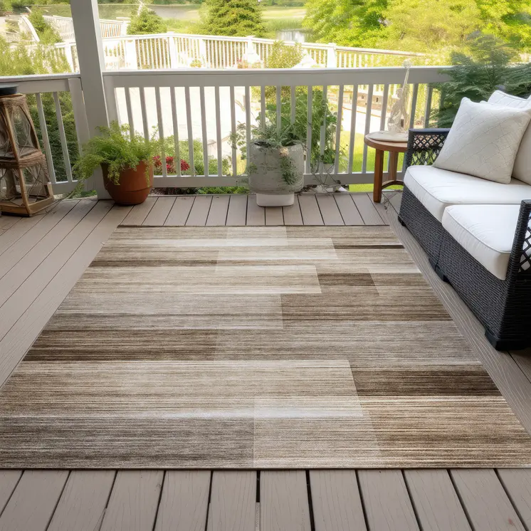8' X 10' Brown And Ivory Striped Washable Indoor Outdoor Area Rug
