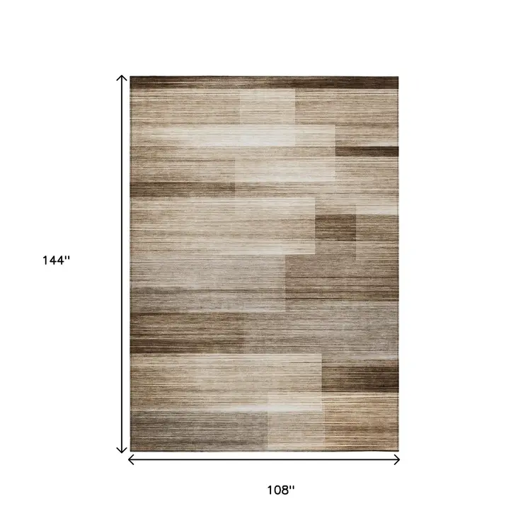 9' X 12' Brown And Ivory Striped Washable Indoor Outdoor Area Rug