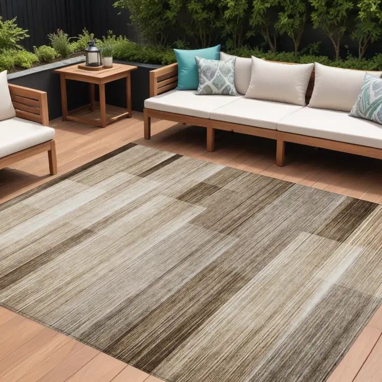 9' X 12' Brown And Ivory Striped Washable Indoor Outdoor Area Rug