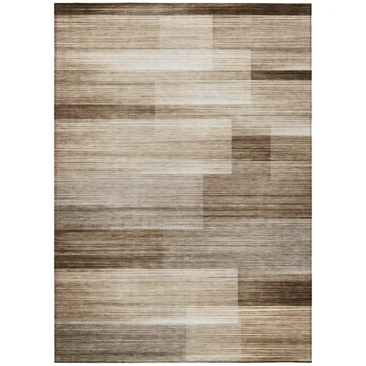 9' X 12' Brown And Ivory Striped Washable Indoor Outdoor Area Rug