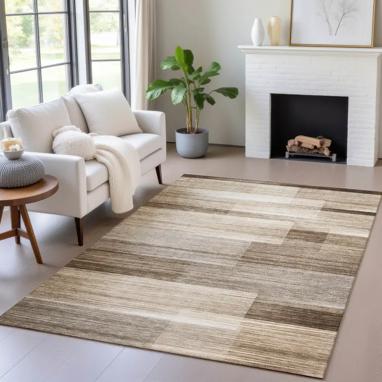 9' X 12' Brown And Ivory Striped Washable Indoor Outdoor Area Rug