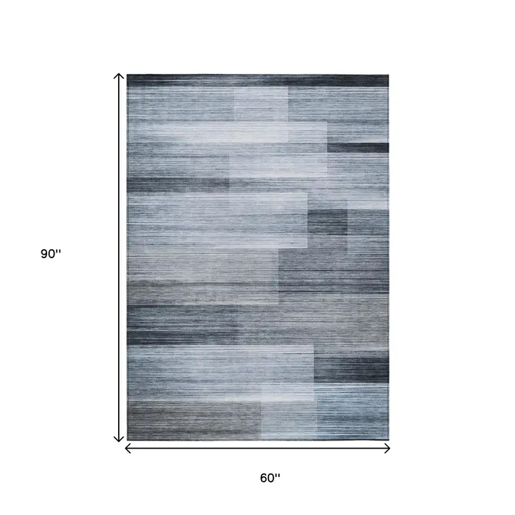 5' X 8' Denim Blue And Ivory Striped Washable Indoor Outdoor Area Rug